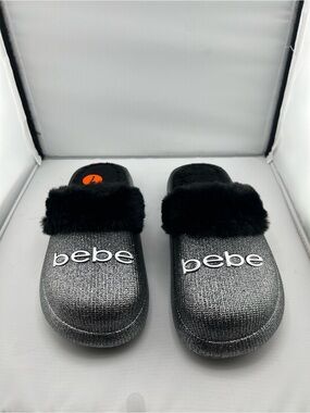 👟bebe Silver Glitter Faux Fur Slide Slippers size 7